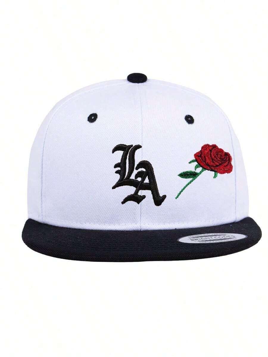 White cotton LA Rose Snapback hat with black brim and embroidered red rose design