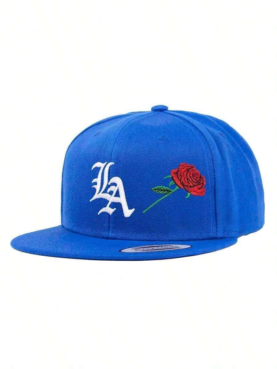 Blue cotton LA Rose Snapback hat with white LA logo and red rose embroidery by HUSTLE801