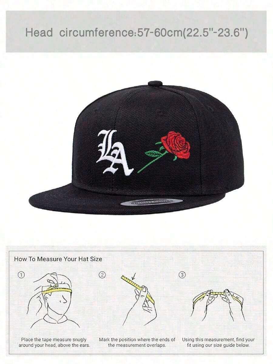 Black LA Rose cotton snapback hat with red rose embroidery, hat sizing guide, HUSTLE801