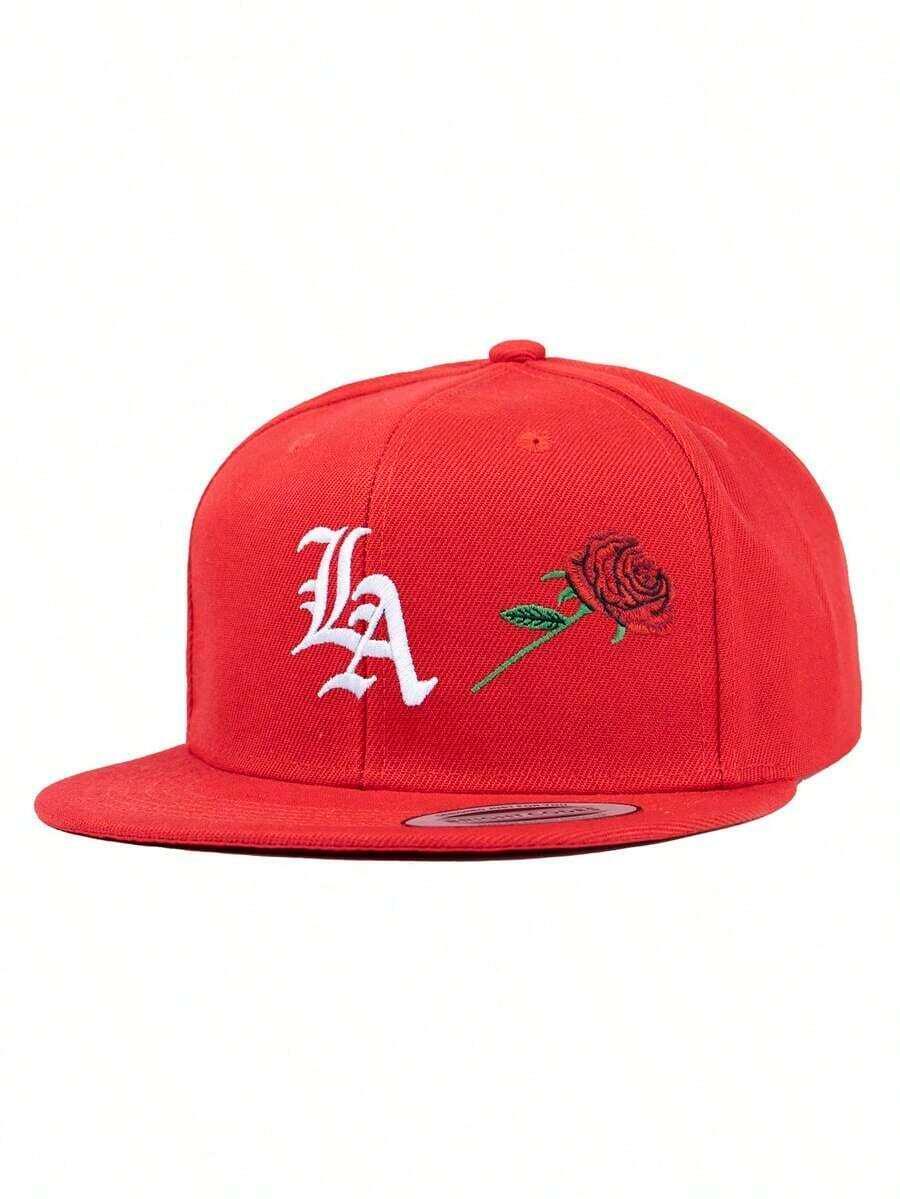 Red cotton LA Rose Snapback hat with white LA letters and embroidered rose design from HUSTLE801