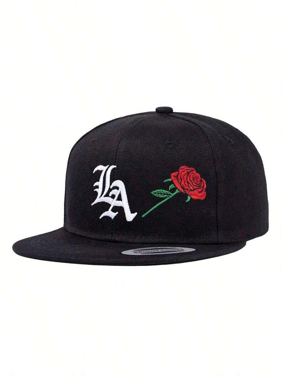 HUSTLE801 LA Rose Snapback in black cotton with white LA logo and red rose embroidery