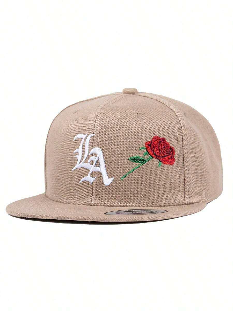 Tan cotton HUSTLE801 LA Rose Snapback hat with white LA embroidery and red rose detail