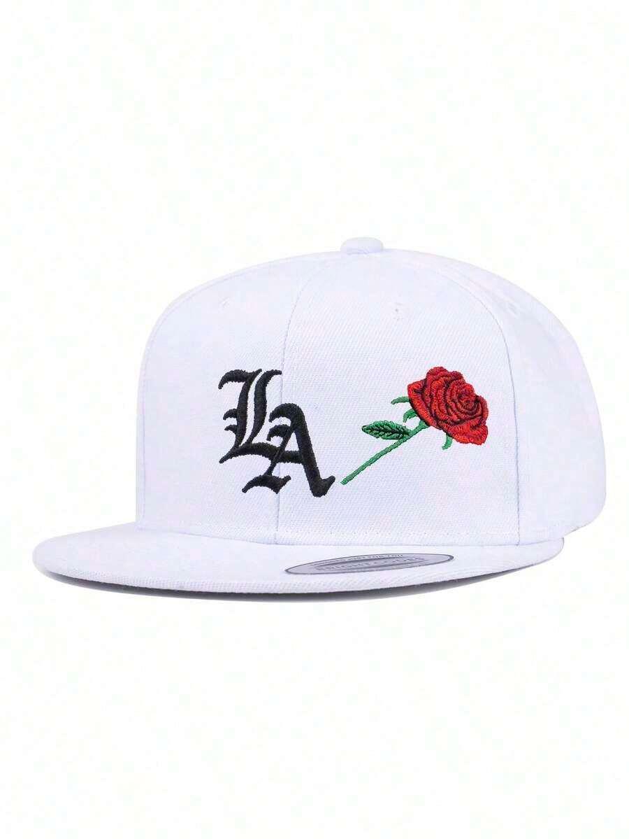 White cotton LA Rose Snapback cap with embroidered black LA logo and red rose by HUSTLE801