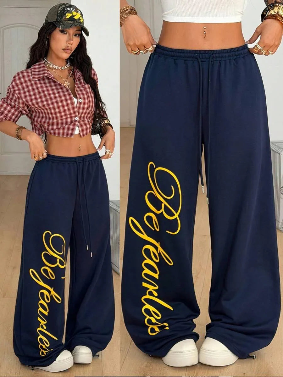 Be Fearless navy cotton sweatpants with yellow script, wide leg unisex style, casual streetwear