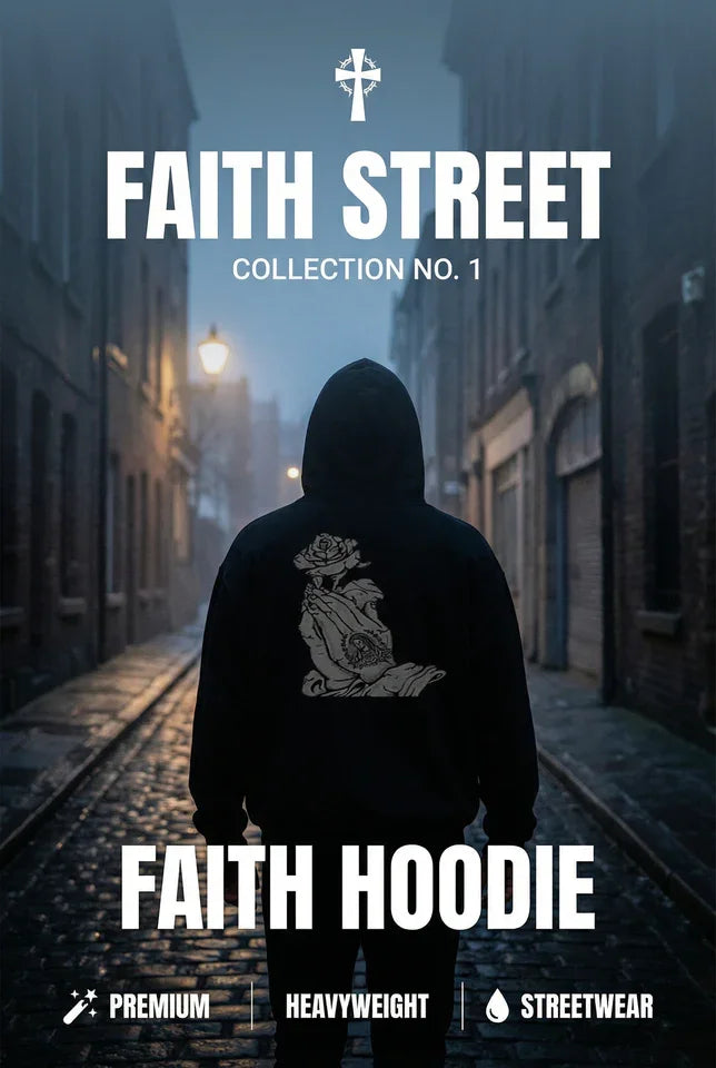 Faith Hoodie black cotton heavyweight streetwear with white rose graphic, Collection No.1, night urban setting